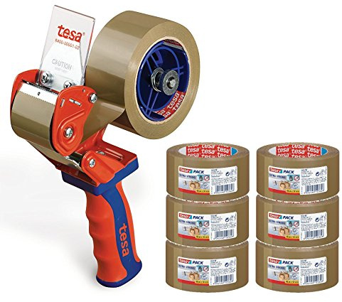 tesa Profi-Packband-Set - Handabroller Comfort + 6 Nachfüllrollen tesapack® ultra strong, braun (Handabroller + 6x Ultra Strong)