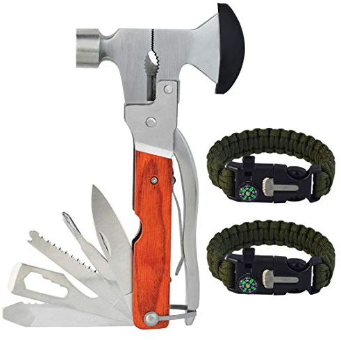 Rbenxia - martillo portátil 16 en 1 de acero inoxidable multifuncional con 2 paquetes de pulseras de supervivencia ajustables para camping, caza, emergencia