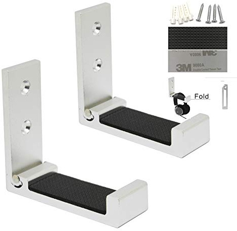 MeetRade 2-pack vikbar väggmonterad hörlurshållare headset vägghängare, aluminium väggmonterad krok, håller upp till 1 kg med 3 m självhäftande tejp, 20 kg med skruvar, levereras med mjuk skyddsdyna