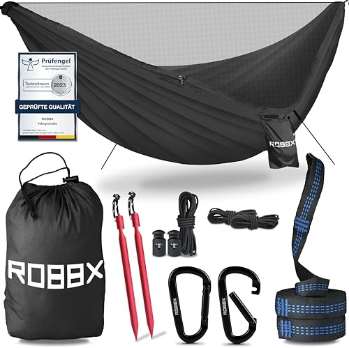 ROBBX® Hängematte Outdoor mit Moskitonetz, 300 kg, Befestigungs-Set, Nylon | Für 2 Personen, 300kg Traglast, 290x140 cm, Camping, Trekking, Reise, Reisehängematte, kleines Packmaß Baumgurte & Karabiner