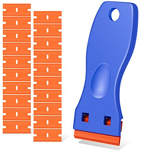 Plastic Razor Blade Scraper, Scraper Tool with 20 PCS Plastic Razor Blades for Removing Labels Adhesive Decals Sticker from Windows Glass (Blue)