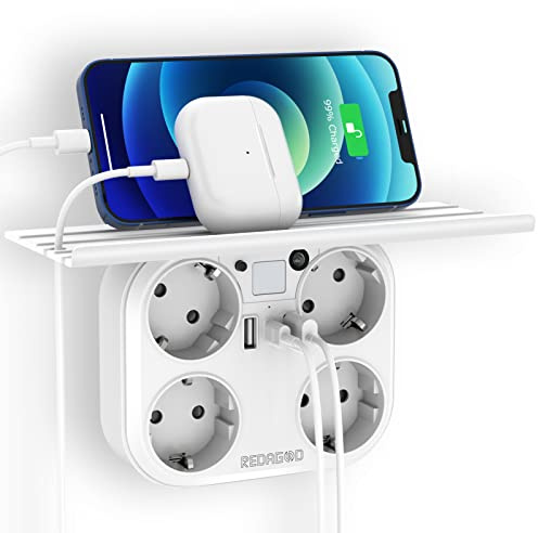Ladrón Adaptador Enchufe USB, Redagod con 2 Puertos USB, 1 Puertos Tpye-c, 4 Tomas de CA, 1 estantería, 8 en 1 con Luz Nocturna Pared Usado para Officio, Baño,Sala o Habitación