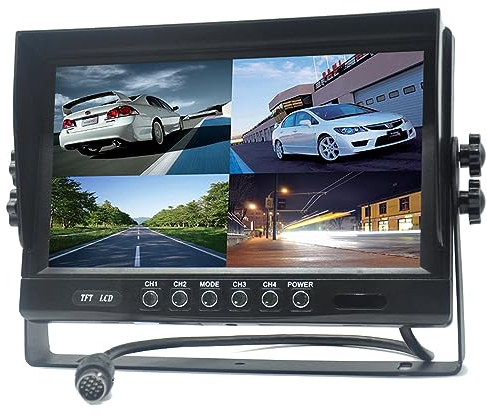 Pardarsey 9 TFT LCD Auto Rückansicht Quad Split Monitor, Fernbedienung, 4-Kanal 4-PIN Stecker Video Eingänge Stoßfest mit 12V-24V 800480HD Bildschirm mit Sonnenschirm Anti-Blende