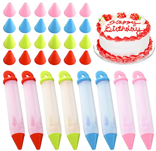 Diyfixlcd 8-teiliges Kuchendekorations-Stifte-Set, Kuchenglasur-Stift, Silikon, Lebensmittelschreibstift mit 4 Mustern von Zuckerguss-Spritztüllen, Back-Dekorationsstifte für DIY Kuchen, Zuckerguss,