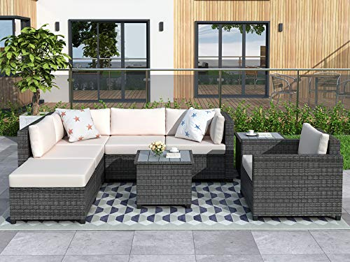 Quarte Patio Furniture Sets,8 Piece Rattan Sectional Seating Group,Outdoor Wicker Sets with Soft Cushions and 2 Coffee Tables,for Porch Lawn Garden Backyard Poolside (Beige&P)