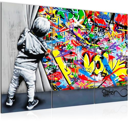 Runa Art Wandbilder Boy Behind the curtain Bild XXL Loft Wohnzimmer Bunt Streetart Graffiti 120 x 80 cm 3 Teilig 043531a