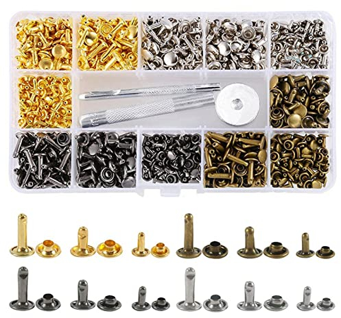 360 Sets Doppelkappe Niet, Hohlnieten Ledernieten, Leder Nieten, Doppelkappe Rivet, 3-Part Setting Tool for The Repair of Leather Craft Repairs 4 Colors