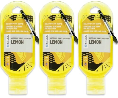 Palm Safe Lemon 3 Pack 60ml Anti Bacterial Premium Hand Sanitiser Travel Size Refillable Clip Bottle Quick Drying Non Sticky Extra Moisturising Kills 99.9% of Viruses and Bacteria