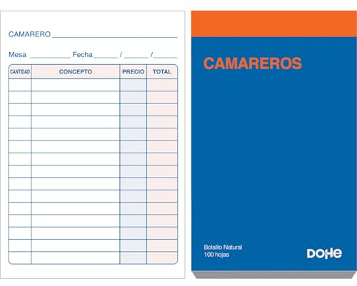 Dohe - Kellnerblöcke (10 Stk.) - Taschenformat (8,5x14 cm), 100 Blätter, einfaches Format ohne Durchschlag, Bestellblöcke für Gastronomie, Sprache Spanisch, Bürobedarf