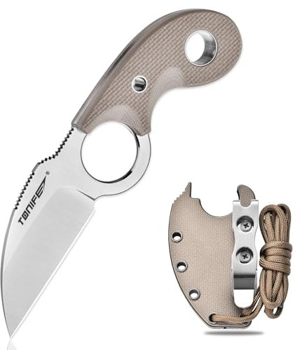 TONIFE Crescent Neck Knife Outdoor Messer Feststehende Klinge aus 8Cr14MoV-Stahl mit Scheide Lanyard und Clip Full Tang Messer Überlebensmesser (Warmer Sand+Satin)