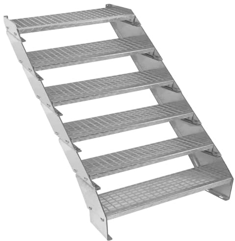 Verzinkter Stahl Treppe 6 Stufen | Erweiterbar mit zusätzlicher Gitterrost-Stufen & Höhenverstellbar | Wetterfest, Robust & Modular | für Außen Garten Terrasse | GRATIS Befestigungssatz [90cm breit]