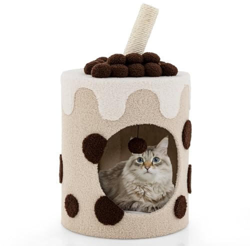 GOPLUS Árbol Rascador para Gatos de Taza de Té Boba de 67 CM, Torre para Gatos Multifuncional con Poste, Juguete de Bola Colgante, Casa para Gatos de Lujo Moderna con Cojín Suave, 37x37x67cm (Café)