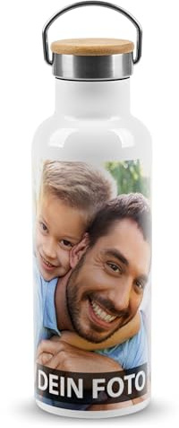 Print Royal PR Edelstahl-Trinkflasche bedrucken - Trinkflasche personalisiert mit Foto und Text - Thermosflasche, Wasserflasche BPA-frei, Geschenke für Outdoor-Fans | Haltebügel, Bambusdeckel, 500 ml