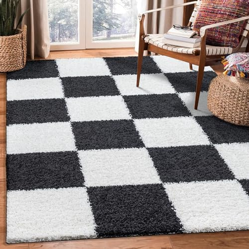SANAT Milano Shaggy Teppich - Hochflor Teppiche für Wohnzimmer, Schlafzimmer, Küche - Schwarz Weiss, Größe: 140 x 200 cm