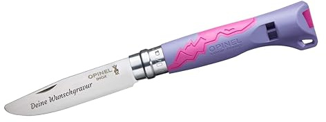 Opinel Outdoor Junior Kindermesser mit Kunststoffgriff | persönliche Gravur | vorne abgerundete Spitze | rostfrei | Signalpfeife | Virobloc | Geschenk (violett)