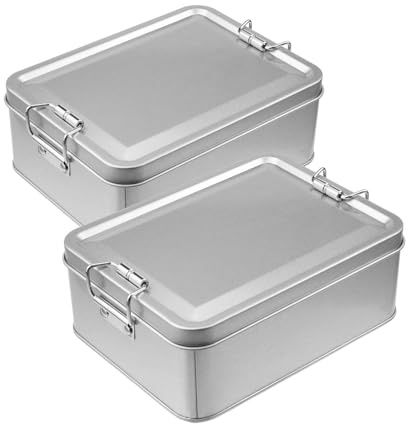 WDONAY 2 Pack Silver Tin Box Containers Metal Storage Box with Lids Rectangular Containers with Buckle Latch for Home Storage Outdoor Usage(5.71×4.33×2.17)