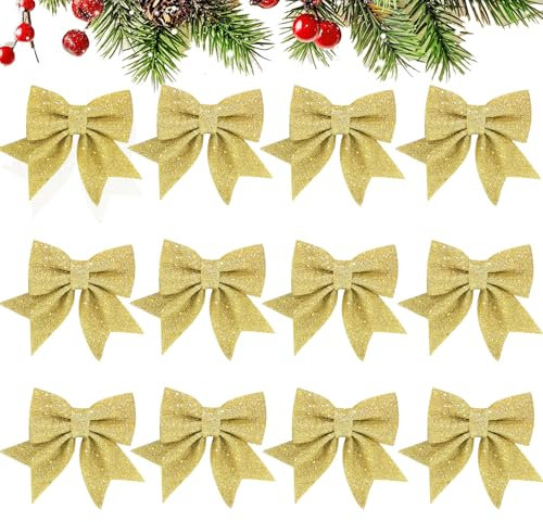 WANYIG 12 Stück Schleifen Weihnachtsbaum Deko Glitzer Weihnachtsbaumschmuck Weihnachtsdeko Innen Christmas Tree Decorations für Weihnachtskranz Tannenbaum Künstlich/Geschenke Deko (Gold)