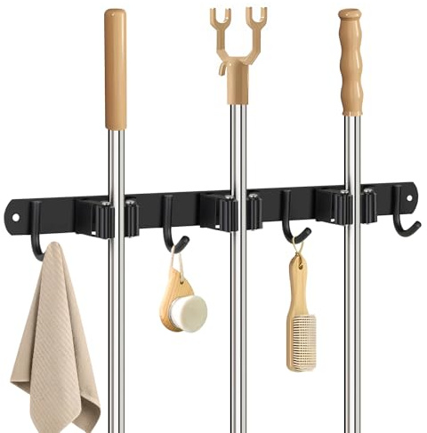 Sampoes Besenhalterung Wand, Besenhalter Edelstahl mit 3 Halter und 4 Haken, Gartengerätehalter Wandhalterung Besen Aufhängung, Besen Mop Halter für Badezimmer, Küche, Garage, Garten, Schwarz