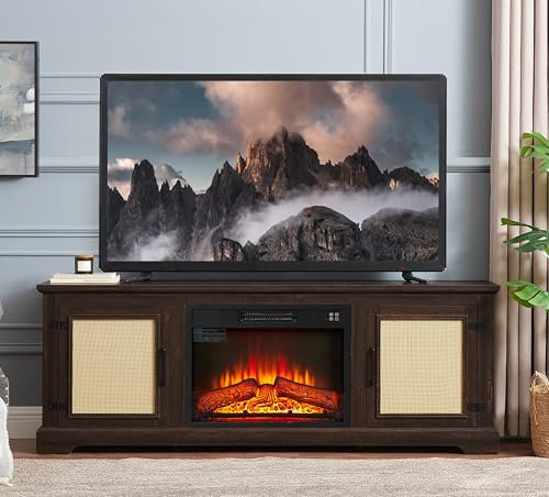 Chimeneas , Gabinete con puerta de ratán natural con estante ajustable Soporte for TV de ratán de granja de madera Mesa consola for televisores de hasta 70 pulgadas Soporte for TV de almacenamiento co