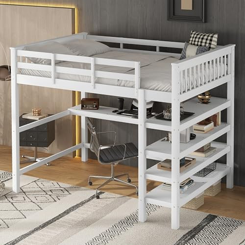 Kebnor Cama alta infantil con compartimentos y escritorio debajo de la cama, sin colchón, 140 x 200 cm (blanco)