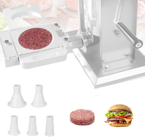 Burger Patty Maker, Hamburger Pressing Mould Maker with 5 Adapter Tubes,2 Holes Non Stick Auto Hamburger Patty Maker,Hamburger Forming Processor for Sausage Filler, Meat Grinder