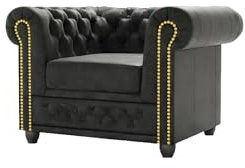 S-Style Möbel Sessel Wohnzimmer Armsessel Loungesessel 94 x 86 x 72 cm Lesesessel Relaxsessel Freistehend Massivholzfüße Braun Elegant Gesteppt Goldene Metallniete Vintage Optik Mikrofaser Heinrich