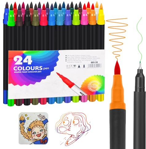 24 färger filtpennor för barn, akvarellpennor med två spetsar, penselpennor och fineliner set för gåva flickor, barn, att måla, rita, gör-det-själv, journaling, scrapbooking