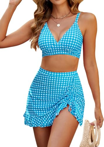 LLECDASEUI Dam retro rutig tryckt bikiniset rygglös bikini med hög midja kjol magkontroll tvådelad baddräkt, Färg: blå, XL
