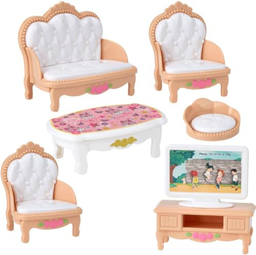 KARLOR Mini Möbel Set Wohnzimmer, 7 Pcs Miniatur Möbel Set, SOFE Sessel Tisch Fernsehen Kissen Couchtisch, Mini Zimmer Haus Micor Zubehör Deko 1:12 Möbel（Wohnzimmer）