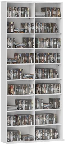 HOMCOM 640 CD/360 DVD Aufbewahrungseinheit, Blu-ray Medien-Speicherregal mit 18 Fächern und 14 verstellbaren Regalen, CD-Turm für Wohnzimmer, Schlafzimmer, Büro, Weiß