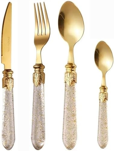TLTLT Ensemble de Couverts en ABS avec Manche à Paillettes, en Acier Inoxydable, Couverts de Table, Couteau à Steak, Fourchette, cuillère à café (doré, 16 pièces)(Gold,4 Pieces)