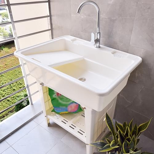 Lavello da Esterno Autoportante,Lavabo da Esterno in Plastica,Mobile Lavandino Lavanderia,Portatile Lavelli di Utilità con Rubinetto e Tubo Flessibile,per Cucina,Campeggio,Giardino(White,68x58x80cm)