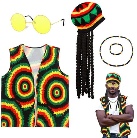 Set di accessori per costume rasta, 5 pezzi con cappello parrucca giamaica reggae batik t-shirt occhiali da sole collana intrecciata bracciale
