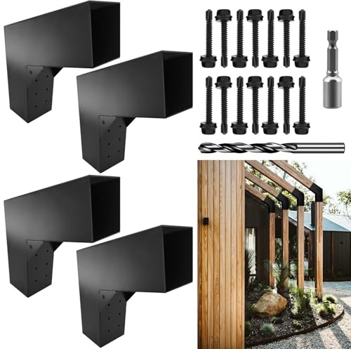 DEVALLEY 2-Wege-15-Grad-schräge Pergola-Halterungs-Set, DIY L-förmige Holzbearbeitungshalterungen für 10,2 x 10,2 cm (tatsächlich: 8,9 x 8,9 cm) Holz für Terrasse, Pergolen, Pavillons, Blockhütte mit