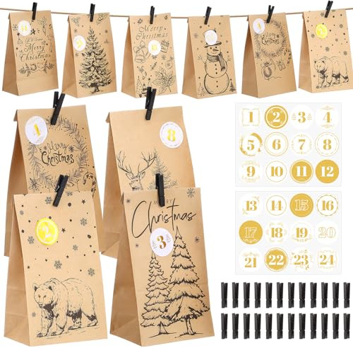 Adventskalender zum Befüllen 2025, 24 Papiertüten Braun mit Zahlenaufkleber 1-24 und Holzklammern Adventskalender Selber Basteln DIY Erwachsene Kinder (4 Stile)