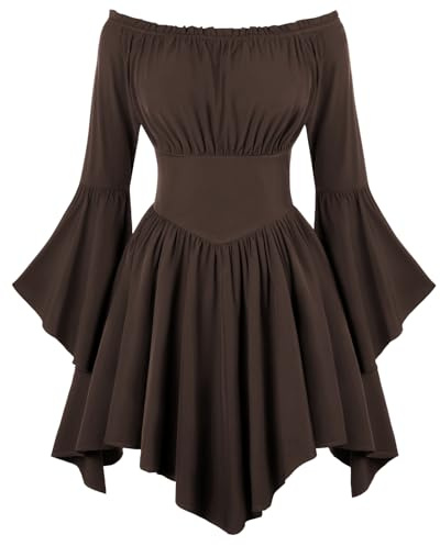 SCARLET DARKNESS Damen Renaissance Corsagenkleid Schulterfrei Langarm Mittelalter Pirat Minikleid Braun XL