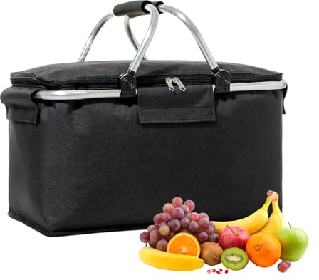 30 L Shopping Basket Cooler Bag Insulated Picnic Basket, Premium Extra Large Cooling Cooler Cool Bag, Collapsible Lunch Bag Box, for Camping/Outdoor Activities/Family Travel/BBQ/Shopping (Black)