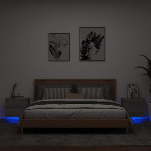 Tonture Set di 2 comodini da parete Sonoma grigio con illuminazione LED RGB, 50 x 39 x 41 cm, console da notte sospesa per camera da letto e soggiorno, design moderno, massimizza lo spazio di