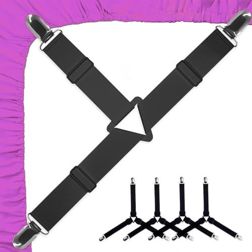 XhjzgcTech Lot de 4 tendeurs de drap de lit réglables - Sangles de serrage triangulaires pour draps de lit - Tendeur élastique avec clip (4, noir)
