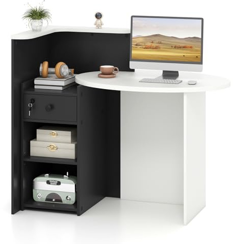 COSTWAY Reception Desk, Front Counter Desk with Lockable Drawer and Adjustable Shelf, Corner Cashier Retail Checkout Table Computer Desk for Beauty Salon Lobby (Black+White, Right Tabletop)