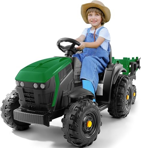 ELEMARA 24V 9AH Ride on Tractor with Trailer, 400W Motors Electric Cars for Kids, All-Terrain Capability, Safety Design with 3-Point Seat Belt for Ages 3+, Green