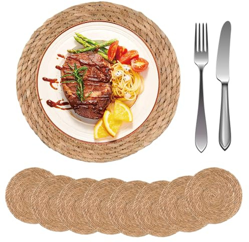 Round Woven Placemats Set of 6/8, 30cm Round Placemat, Natural Rattan PlacematS, Wicker Placemats for Dining, Kitchen Table, Home, Party, Wedding, Restaurant, Gold