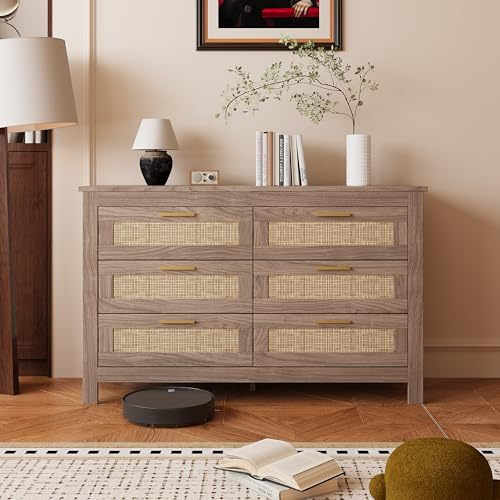 Ztexkee Sideboard mit Rattangeflecht 120x40x75cm Kommode Holz mit 6 Schubladen Sideboard mit Großer Kapazität, Boho-Stil, Schubladenschrank für Schlafzimmer Flur Organizer (Naturholzfarbe)