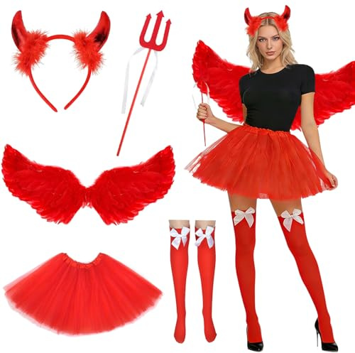 DAZZTIME Ali D'angelo con Corna da Diavolo,5 Pezzi Costume da Diavolo Rosso,Ali Diavolo Carnevale Decorative,Costume da Angelo Caduto e Ali da Diavolo,per Carnevale,Carnevali e Feste a Tema