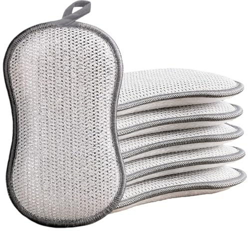 Hao Zhu sponges washing up, Sponge Scourers 6-Pack Dual-Sided Grey | Kitchen sponge & sponge scourers: dual-sided scrubbing for greasy pans, scratch-free, grey 6-pack
