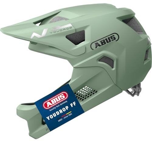 ABUS YouDrop FF - Casco de Bicicleta de montaña para niños y jóvenes, para iniciar el Ciclismo de montaña, con Protector de Barbilla extraíble, Color Verde, Talla S