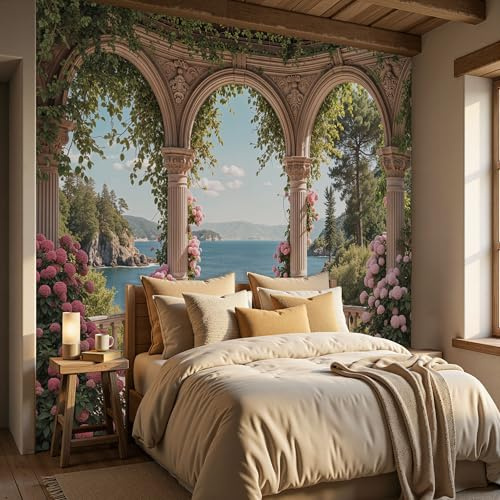 Papel Pintado Pared 3D Papel Tapiz 300x210cm Arquitectura Clásica Flores Vista Al Mar Fotomurales TV Fondo Pared Dormitorio Murales Papels Tapiz Mansión Clásica Europea, Beige