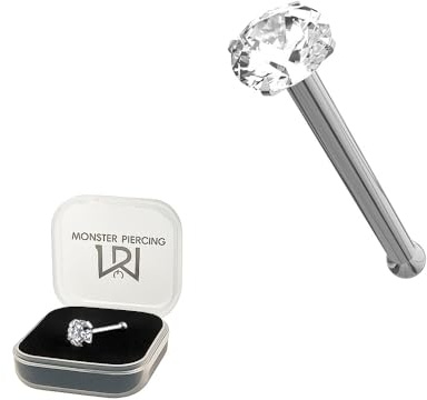 Monster Piercing - 9K Gold Weißgold | Nasenpiercing Nasenstecker Stud |Zirkonia Kristallstein | Steingröße: 1,5MM bis 3MM | Stabstärke: 22G (0,6 mm) | Stablänge: 6mm | Hypoallergen
