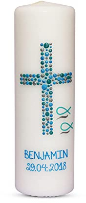 Taufkerze Kommunionkerze Blau Junge mit Name und Datum 25x8cm mm Taufe Kerze Kreuz-Kreise-28 Blau, Mintgrün Türkis