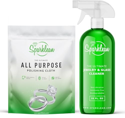 SPARKLEAN Jewelry Cleaner Kit · 32oz Spray + Silver Polishing Cloth · Cleans + Polishes + Removes Tarnish · Safe on Gold Silver Diamond Pearl · Ultrasonic Compatible · Made in USA Since 2000